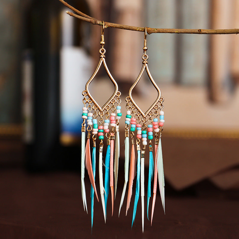 Women’s Beaded Feather Tassel Earrings