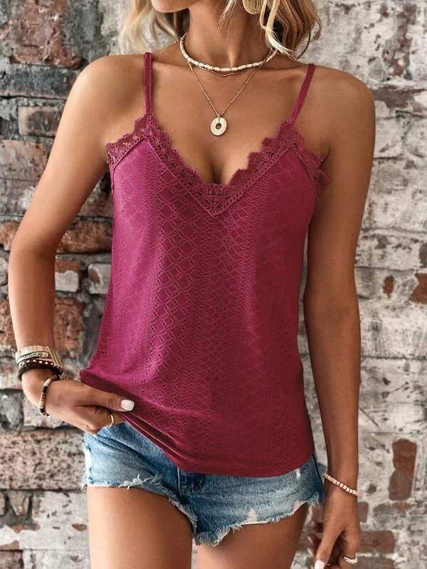 Women’s V-Neck Spaghetti Strap Tank Top with Lace Trim