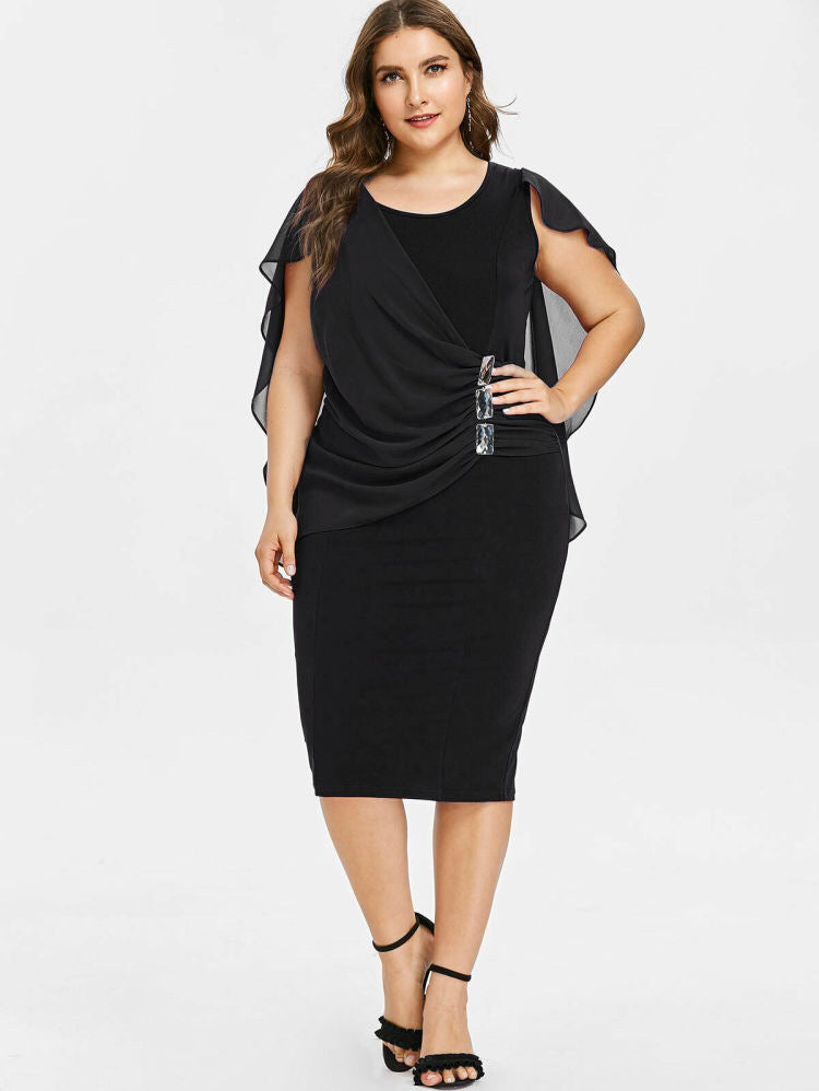 Round Neck Short Sleeve Chiffon Shawl Tight-Fitting Plus Size Dress Wo