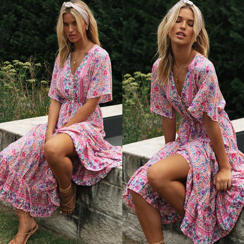 Women’s V-neck short sleeve floral bohemian dress, mid-length A-line, made of rayon.