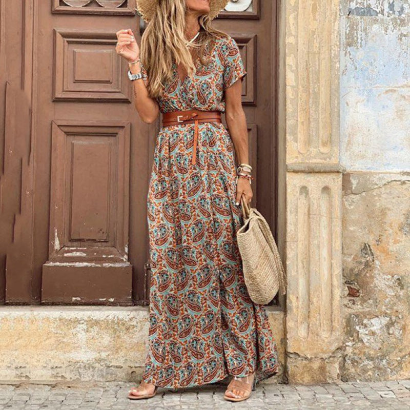 Women's V-Neck Short Sleeve Paisley Print Bohemian Maxi Dress, high waist.