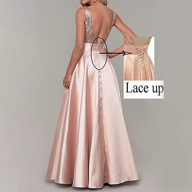 Women's V-Neck Sleeveless Evening Dress with Sequined Bodice and Pocke |  Wazzi's Wear