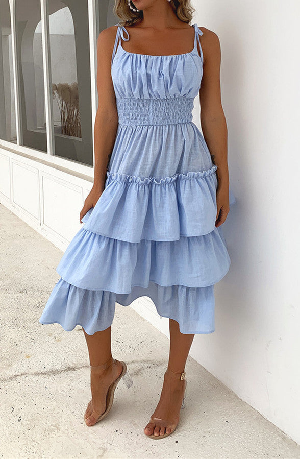 Women s Pale Blue Sleeveless Ruffled Summer Midi Dress S XL Blue S