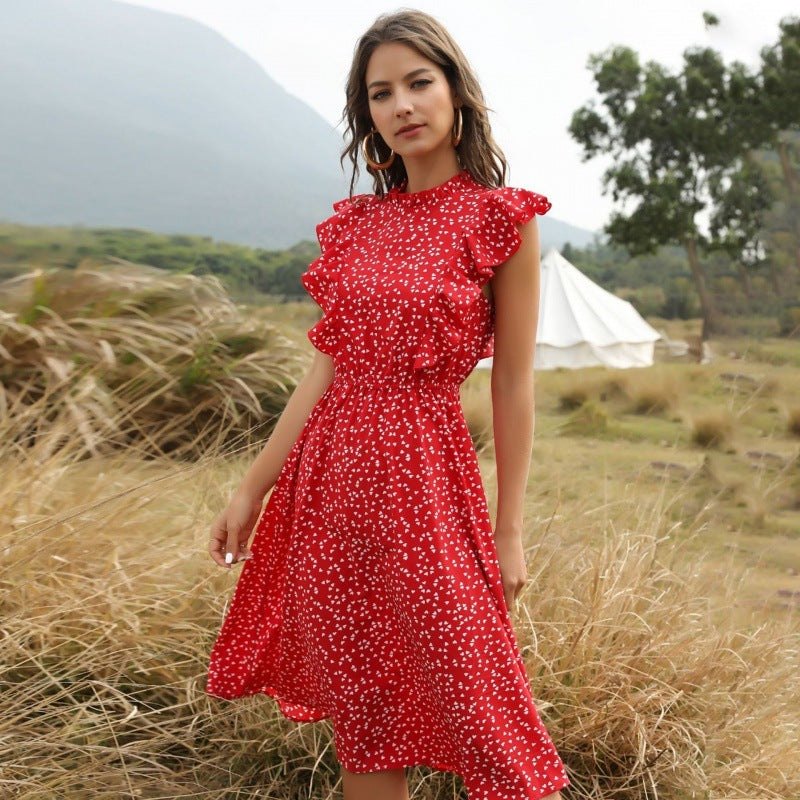 Women's summer chiffon long dress with dot pattern in red, A-line skirt style.