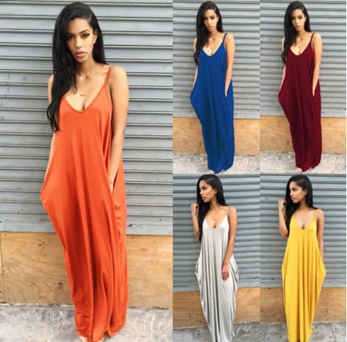 Women summer dress, long pleated style, V-neck, various colors.
