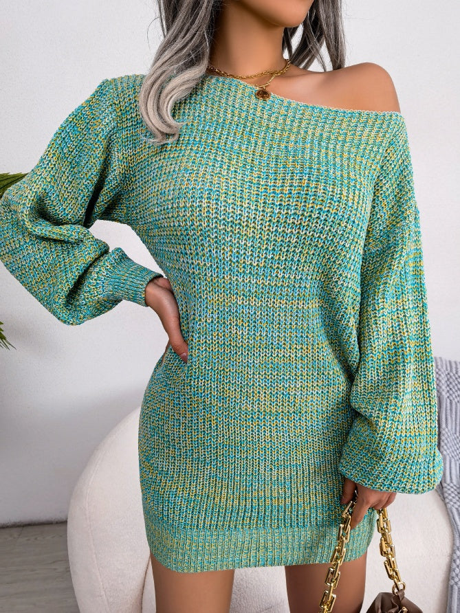 Casual Off-Shoulder colorful lantern sleeve knit sweater dress with gradient color blocking and loose waist style