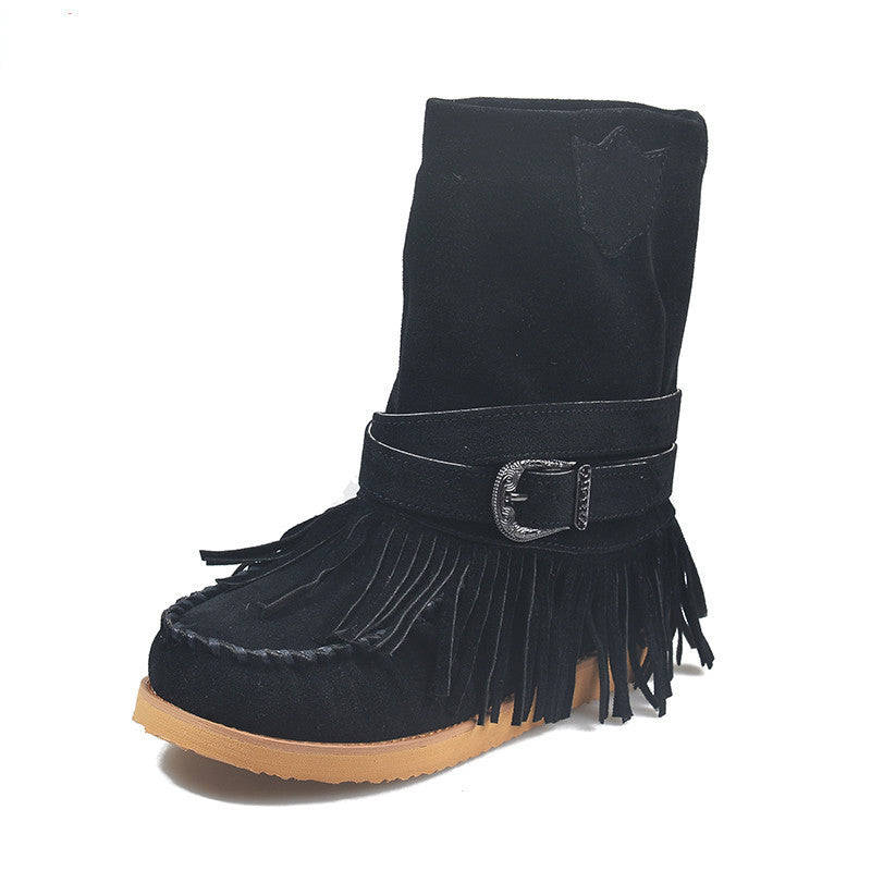 Women s Suede Mid Calf Moccasin Boots with Tassels Black 41