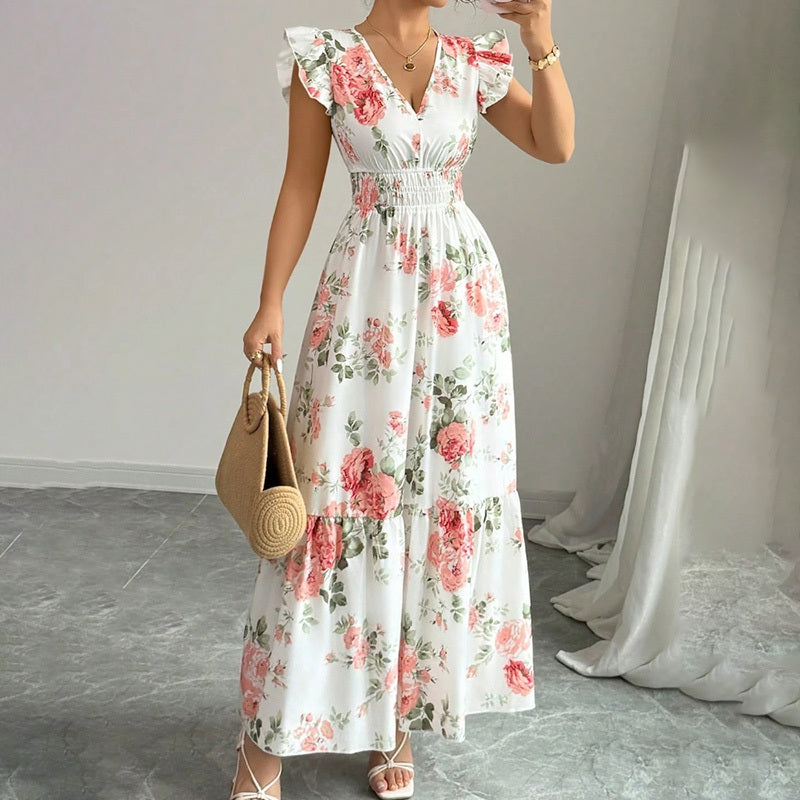 Womens Casual Summer Maxi Dress Flutter Short Sleeve V Neck