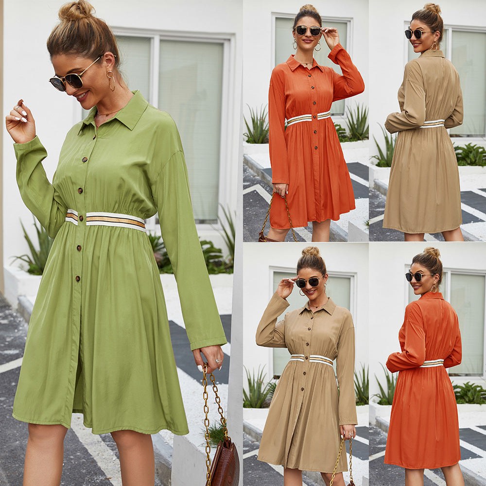 summer dresses women clothes, casual ladies A-line dresses with lapel collar and long sleeves in green, orange, and beige