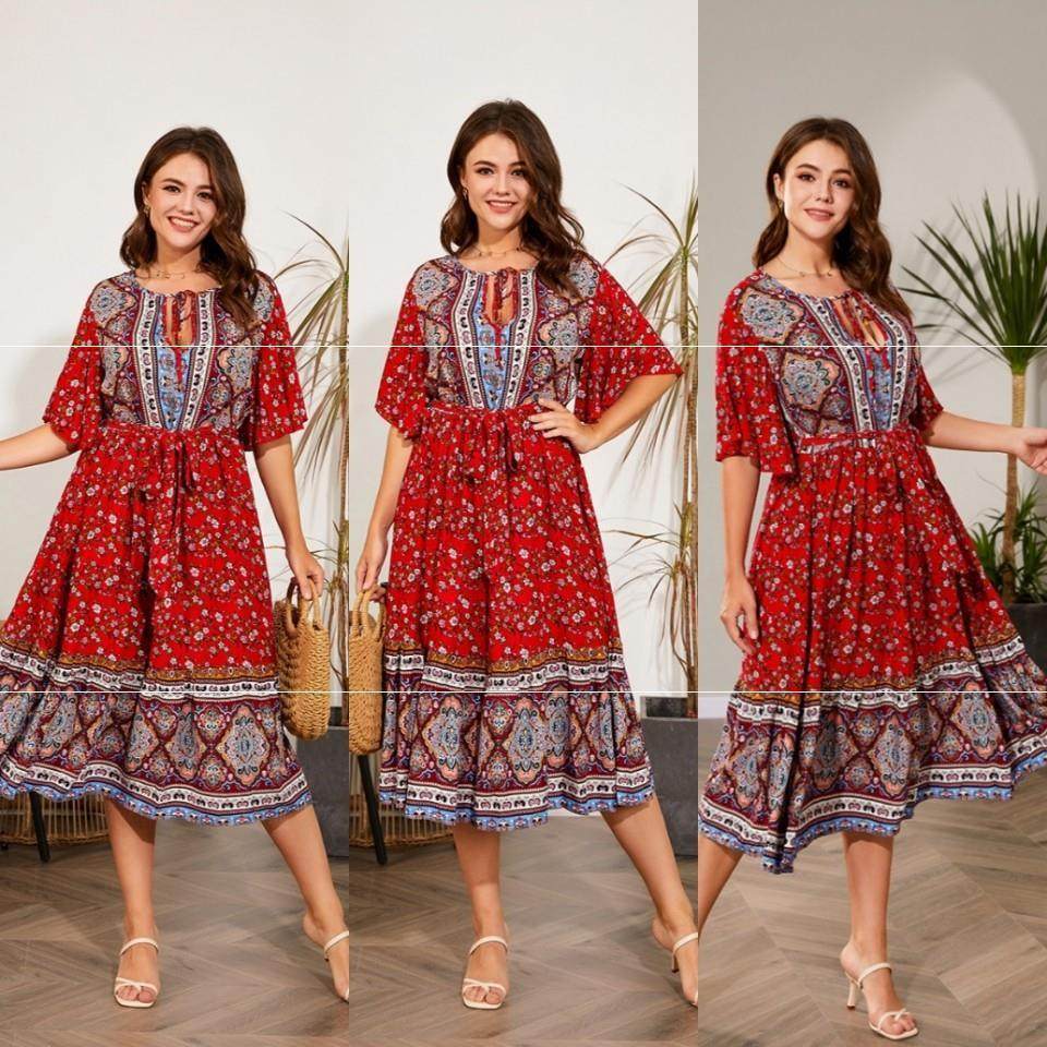 Red cotton summer beach dress for plus-size women with V-neck and print design.