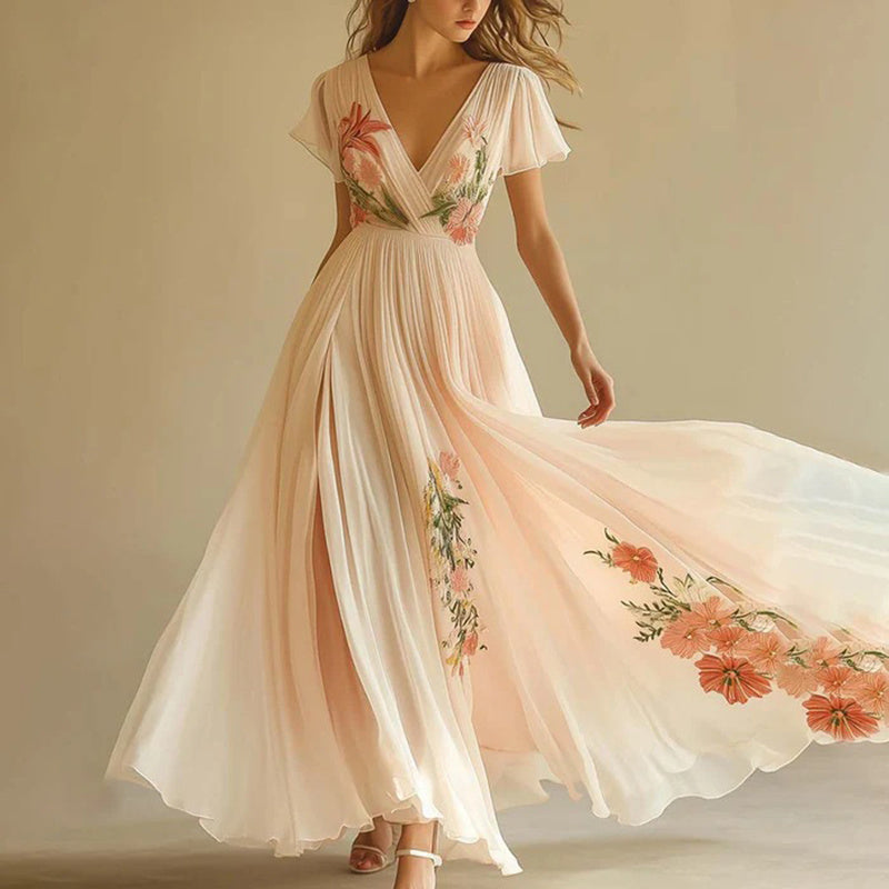Women's Floral Print V Neck Pleated Chiffon Dress Flutter Short Sleeve