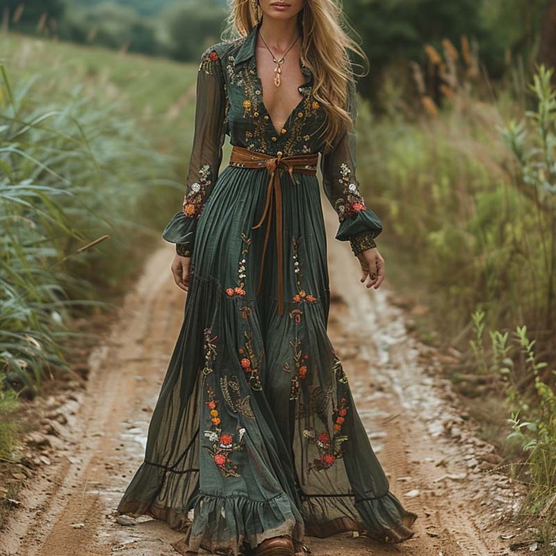 Fashion Fall Maxi Dress For Women Bohemian Retro Floral Print Sheer Sl | Wazzi's Wear Fashion Fall Maxi Dress For Women Bohemian Retro Floral Print Sheer Sl | Wazzi's Wear