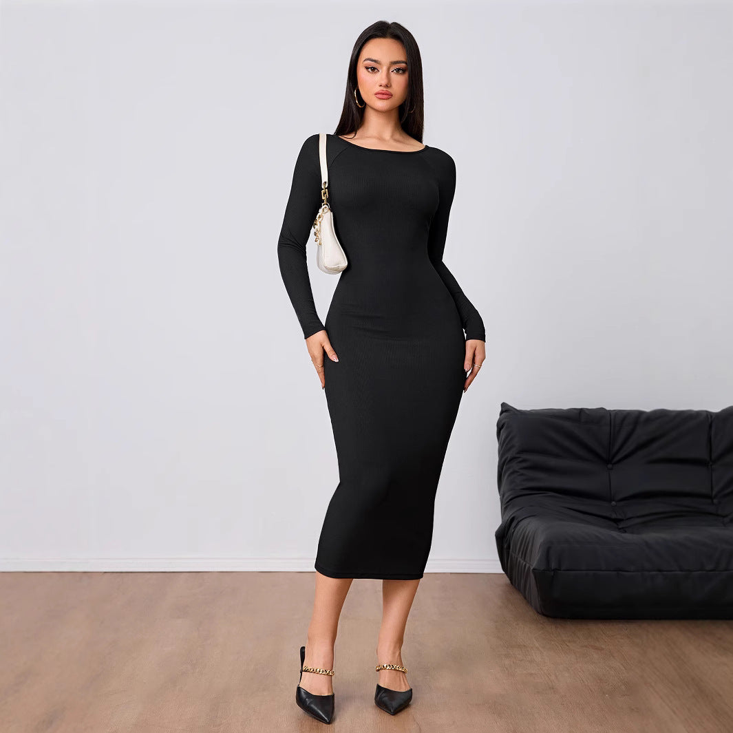 Women's Fashion Simple Dress Autumn Winter Sexy Backless Bodycon Midi