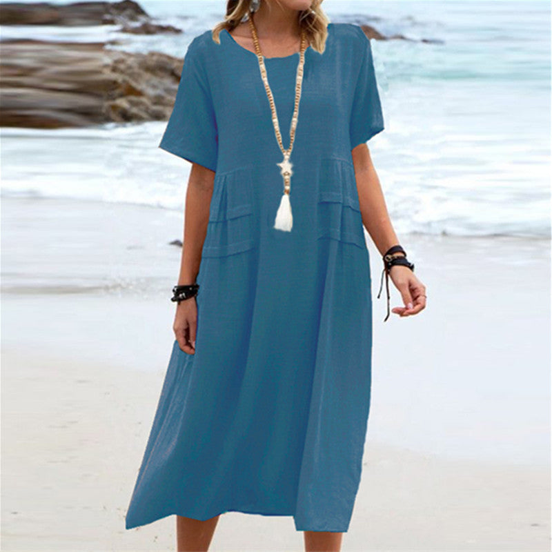 Women’s Summer Cotton Linen Midi Dress – Loose Fit, Breathable, Casual Beach Style Blue / L