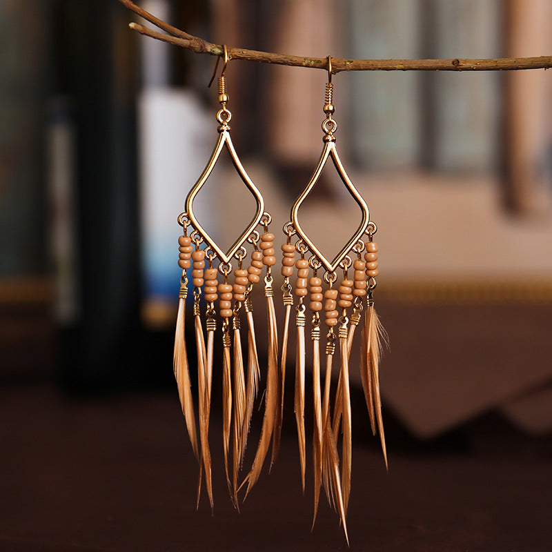 Women’s Beaded Feather Tassel Earrings