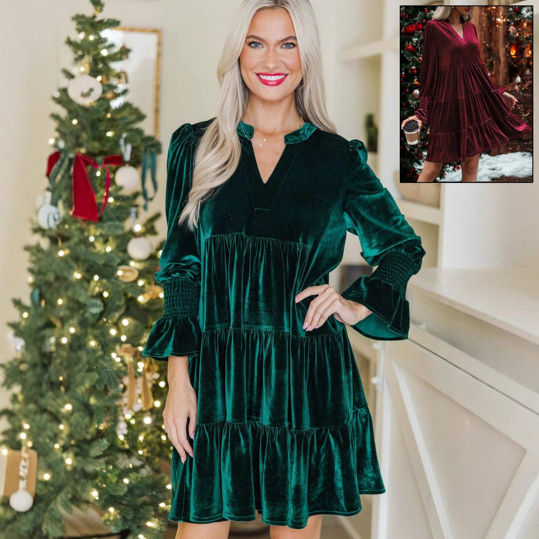 Elegant long sleeve Christmas skirt velvet dress with puffy sleeves and V-neck mini skirt in gold velvet fabric