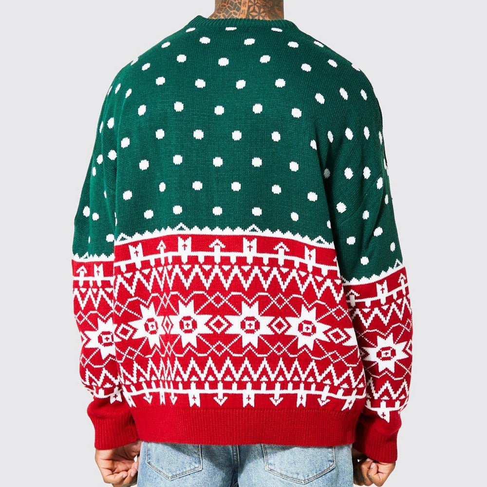 Men's new fashion knitted jacquard loose round neck pullover sweater green and red Christmas design back view