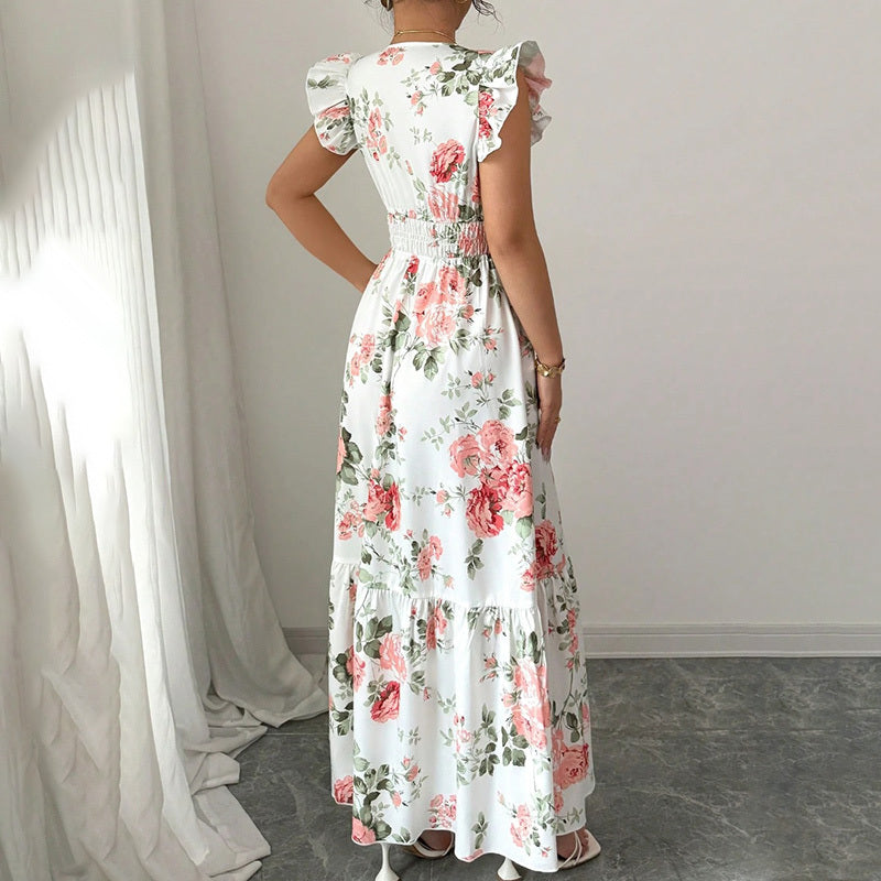 Womens Casual Summer Maxi Dress Flutter Short Sleeve V Neck Smocked A