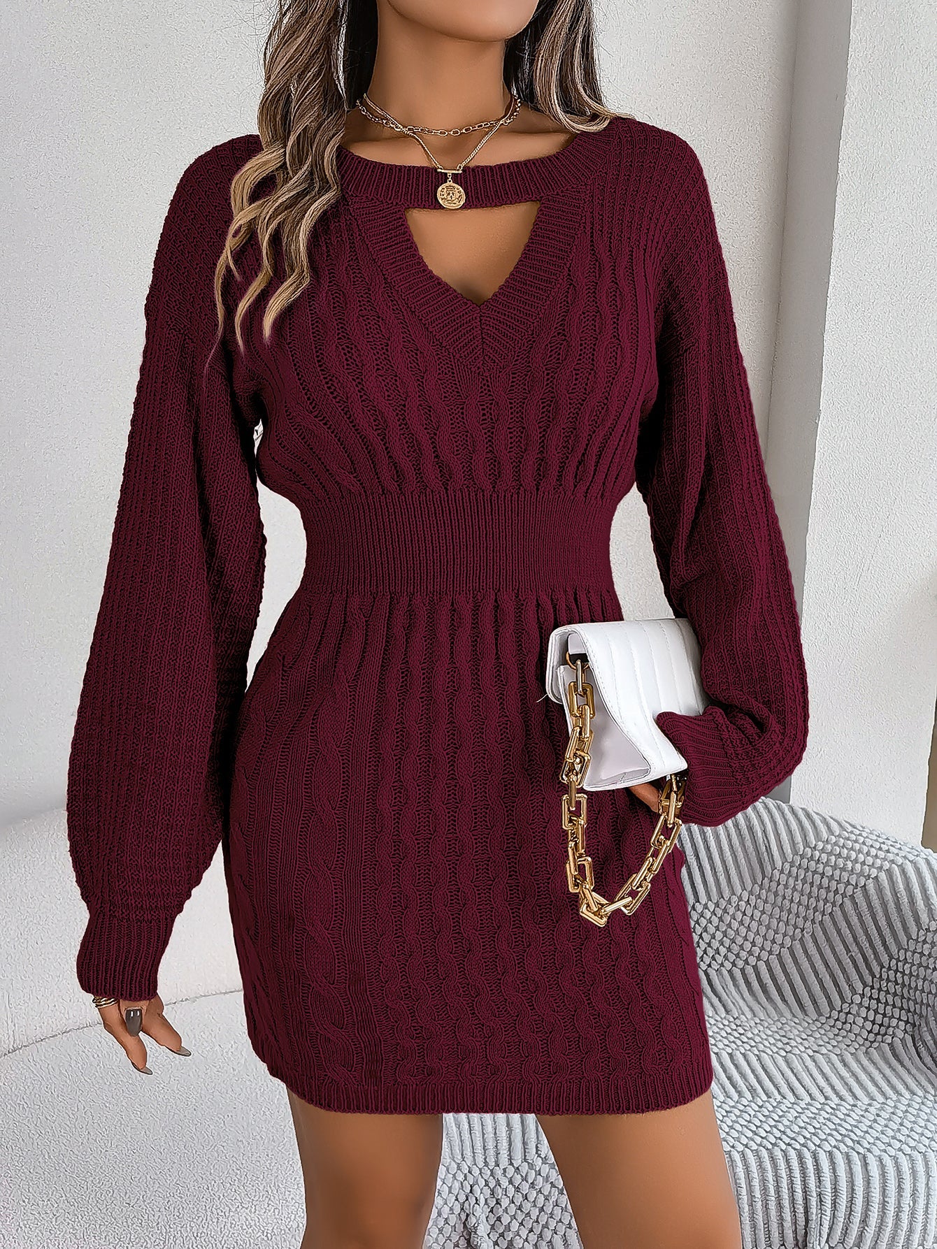 Solid color cable knit bodycon sweater dress with hollow-out lantern sleeves and pencil skirt style