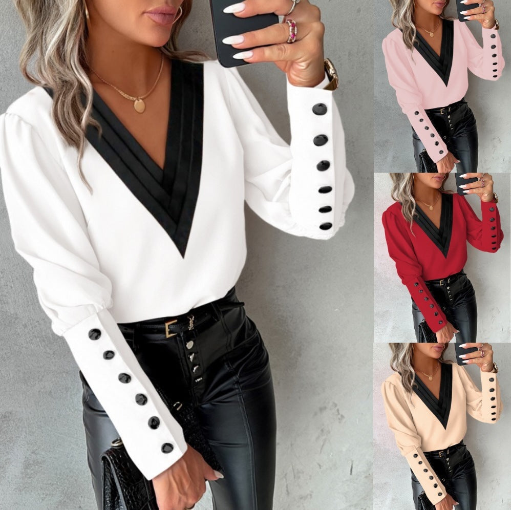 Commuting Elegant Printed Button V Neck Long Sleeved Blouse