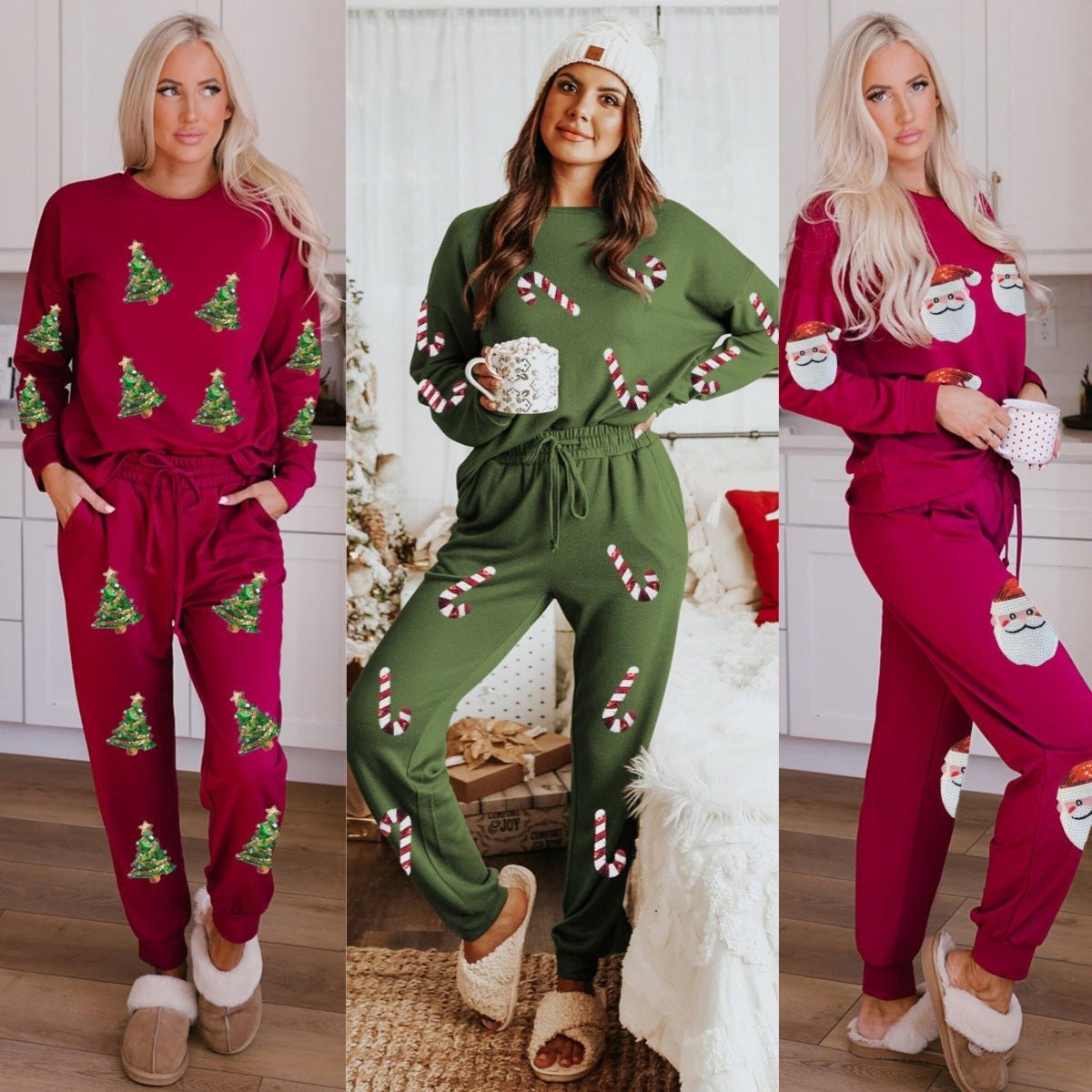 Women's Christmas sequins long sleeve pants two-piece set in festive colors