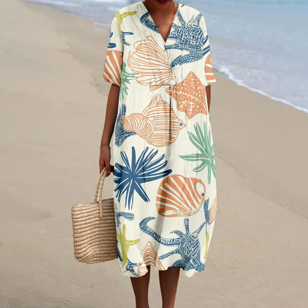 Printed Loose Short-sleeve One-piece Dress For Women