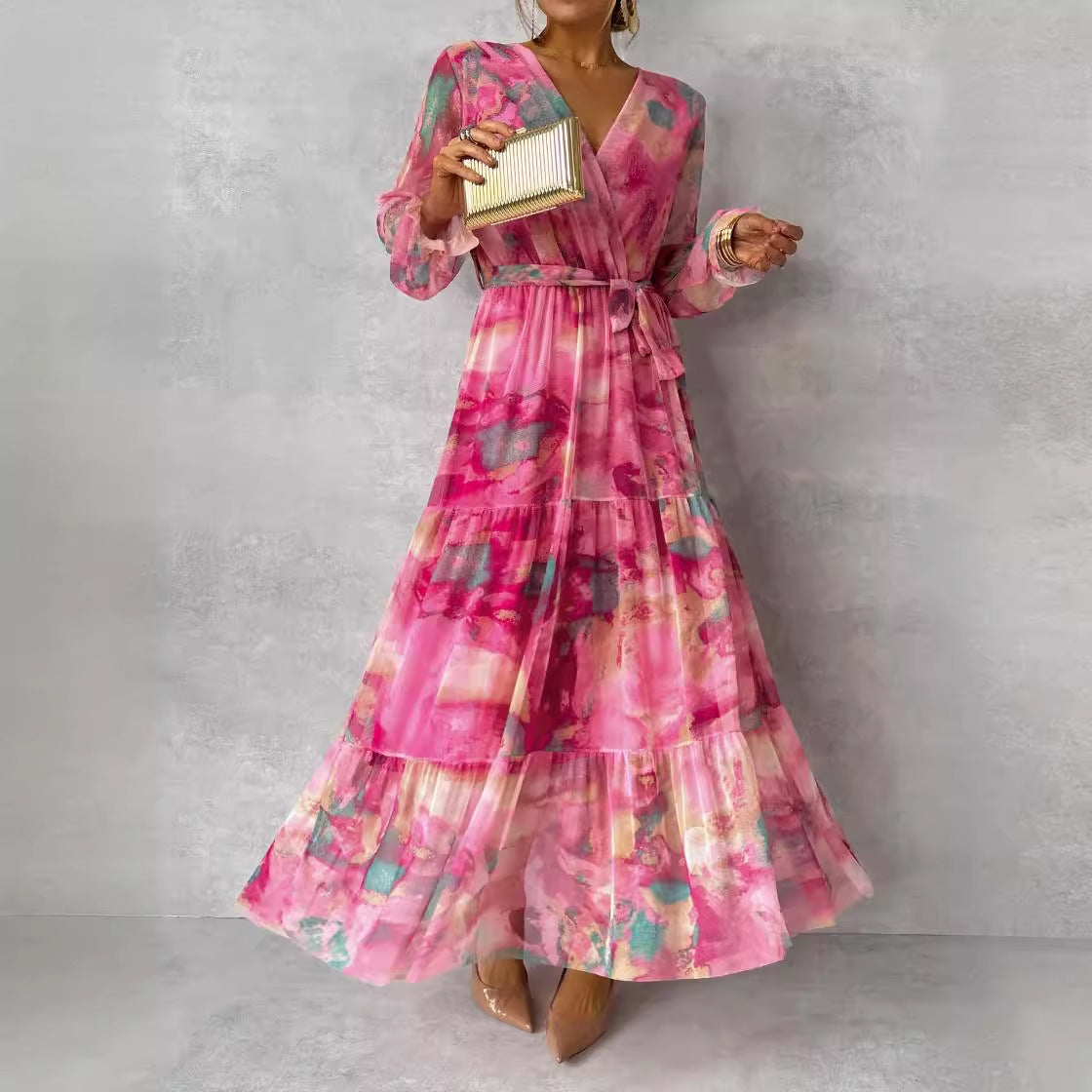 Long-Sleeved Floral Print Dress Elegant V-Neck Pleated High-Waisted Big Swing Chiffon Maxi Dresses For Women Clothing Rose Red / XXL