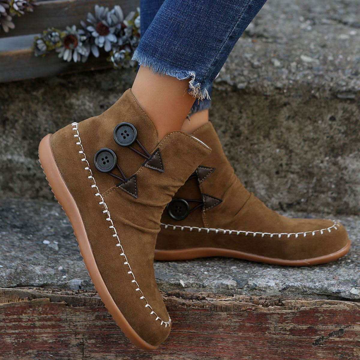 Women s Short Flat Moccasin Boots with Buttons in 2 Colors