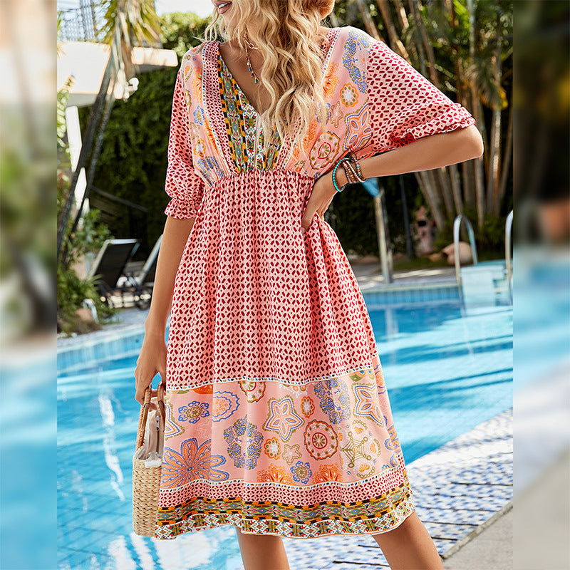 short sleeve boho midi dress Boho Midi Dress/Women's V-Neck Short Sleeve Boho Midi Dress
