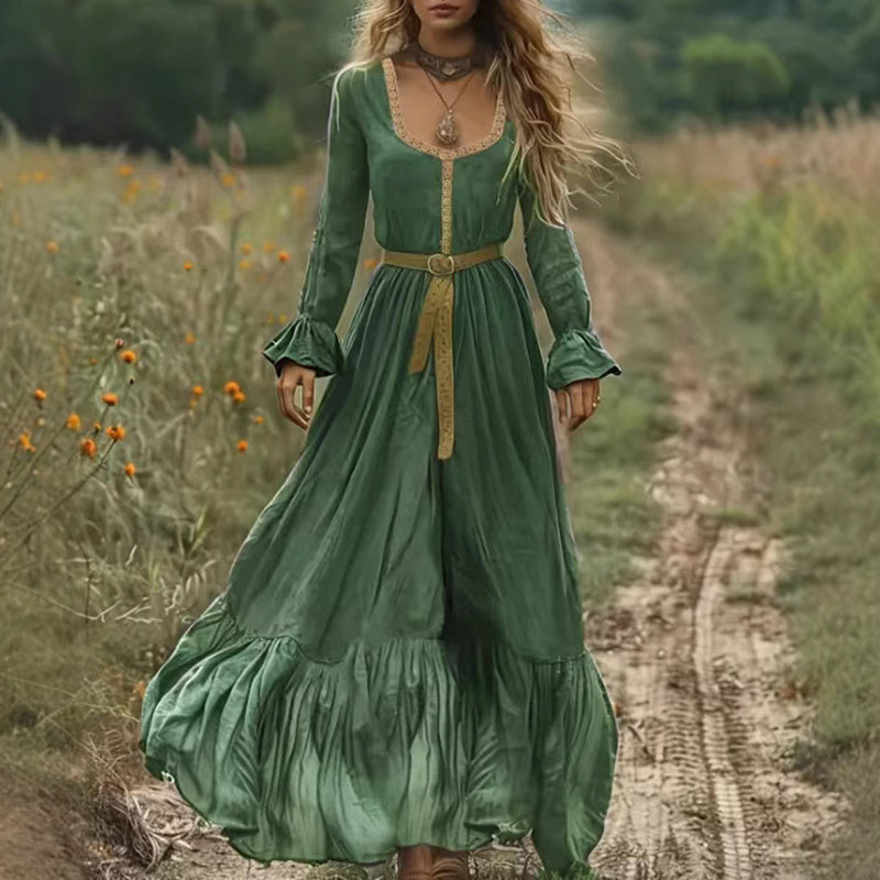 Women's Boho Long Sleeve Flowy Maxi Dress Elegant High Waist Backless