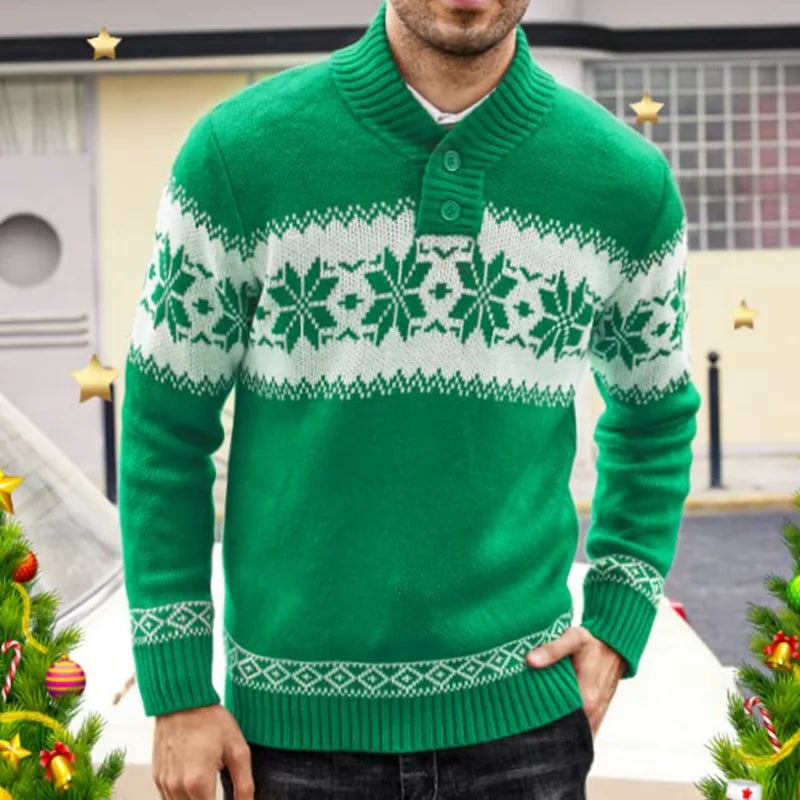 Men's green jacquard knitted pullover sweater with Christmas snowflake design and long sleeves for autumn and winter
