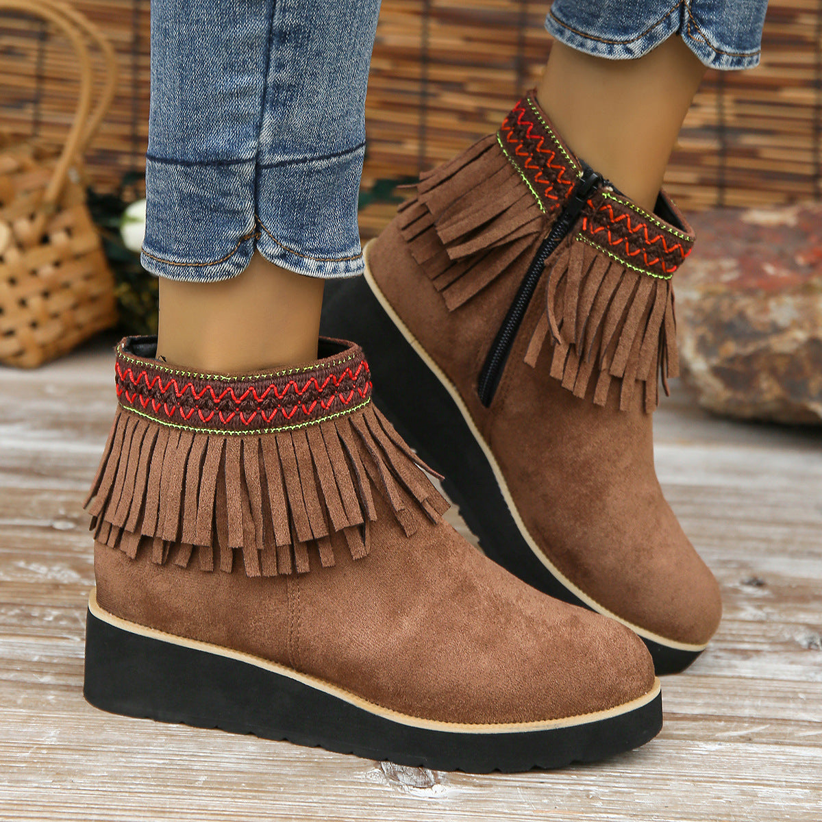 Women s Suede Ankle Boots with Fringe and Wedge Heel in 3 Colors Dark Brown 38