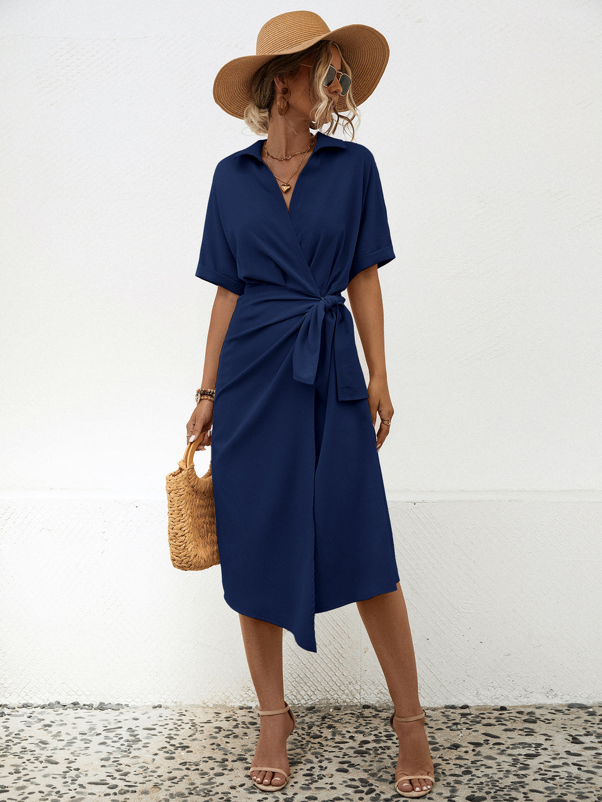 Short Sleeve Tie Waist Midi Dress