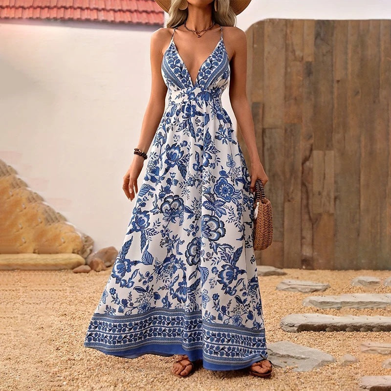 Women's V-Neck Strappy Floral Print Backless Maxi Dress, A-Line Summer Vacation Dress Blue / M