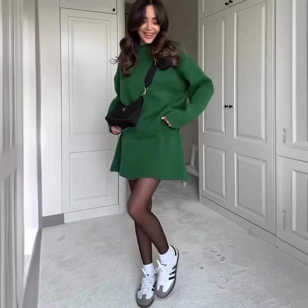 Women wearing elegant sweater skirt sets two-piece knit pullover with high waist mini skirt in multiple colors