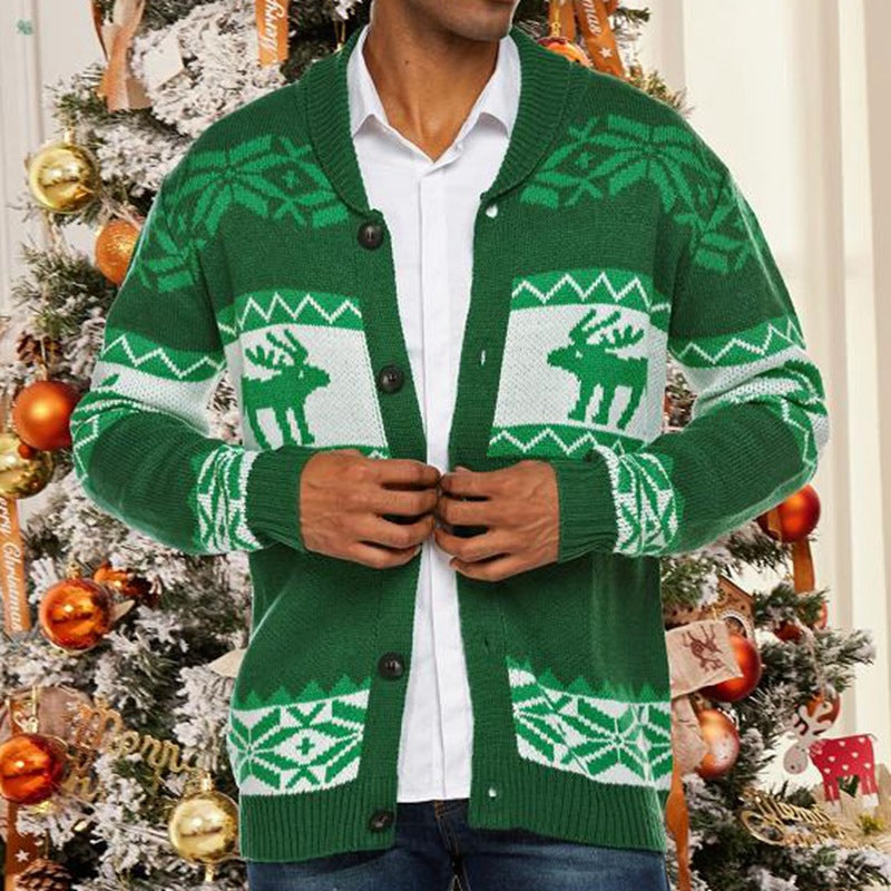 Men's green Christmas sweater cardigan with reindeer jacquard pattern and buttons