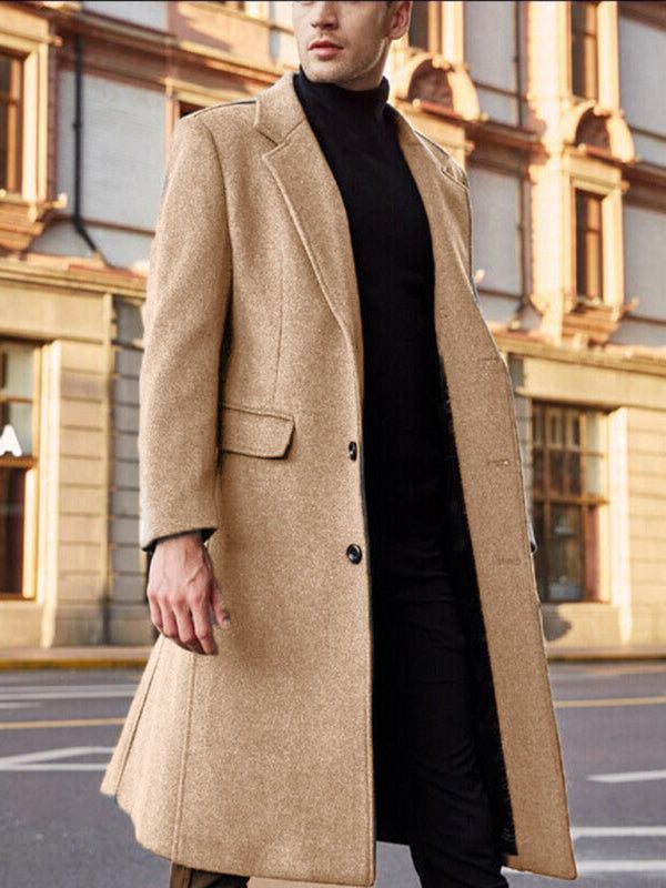Men's Wool Coat - Knee-Length Single-Breasted Elegance | Wazzi's Wear