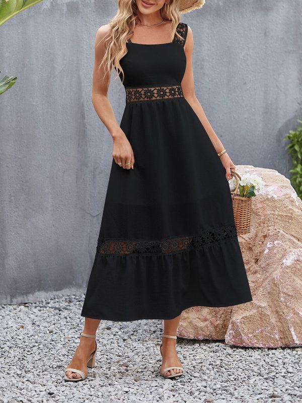 Women’s sleeveless high waist midi dress with lace detail in various sizes and polyester material