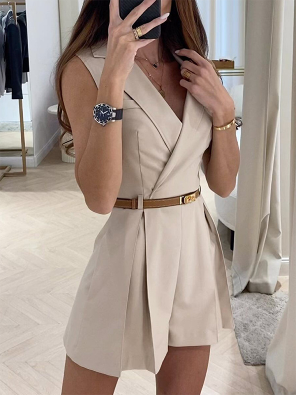 Work British Style Solid Without Belt V Neck Regular Rompers(No Belt) main image 1