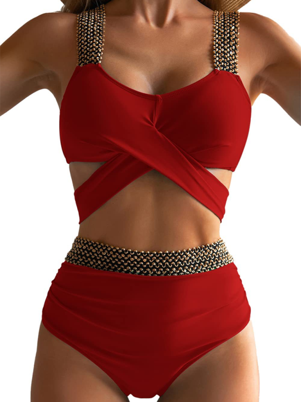 Women's cross-strap high waist bikini in red.