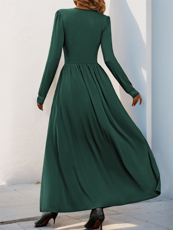 Robe longue a manches longues et col en V pour femme avec taille cintree
