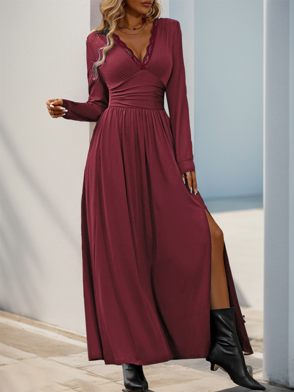 Robe longue a manches longues et col en V pour femme avec taille cintree