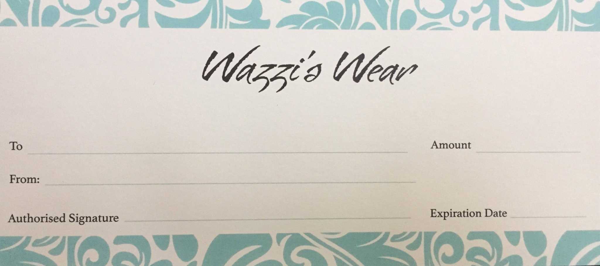 Blank Wazzi's Wear gift certificate with space for recipient, sender, amount, signature, and expiration date.