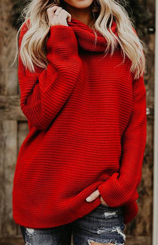 Women's red thick oversize turtle neck pullover sweater, autumn-winter style.