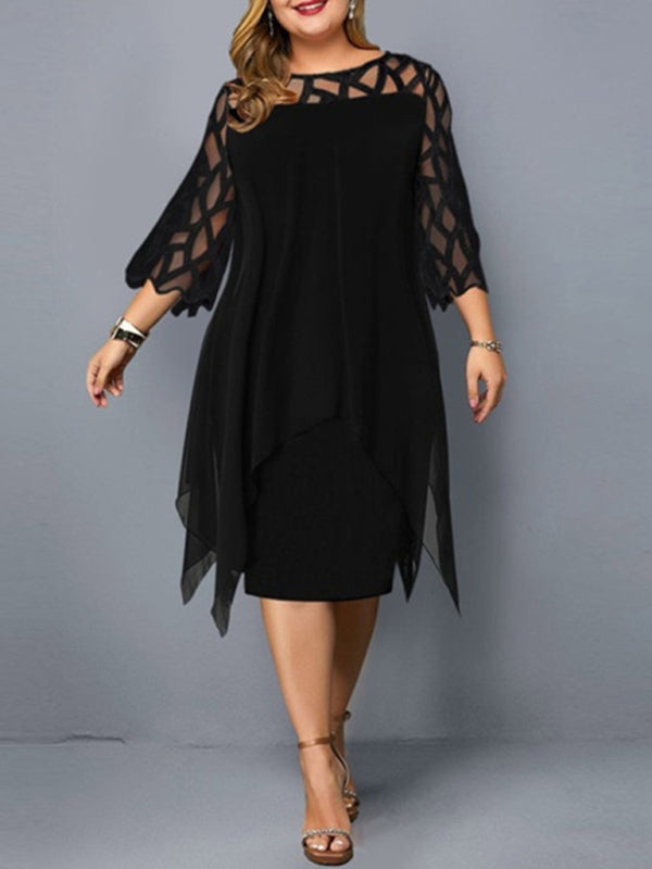 Women s Lace Three Quarter Sleeve Black Chiffon Plus Size Dress L 5XL