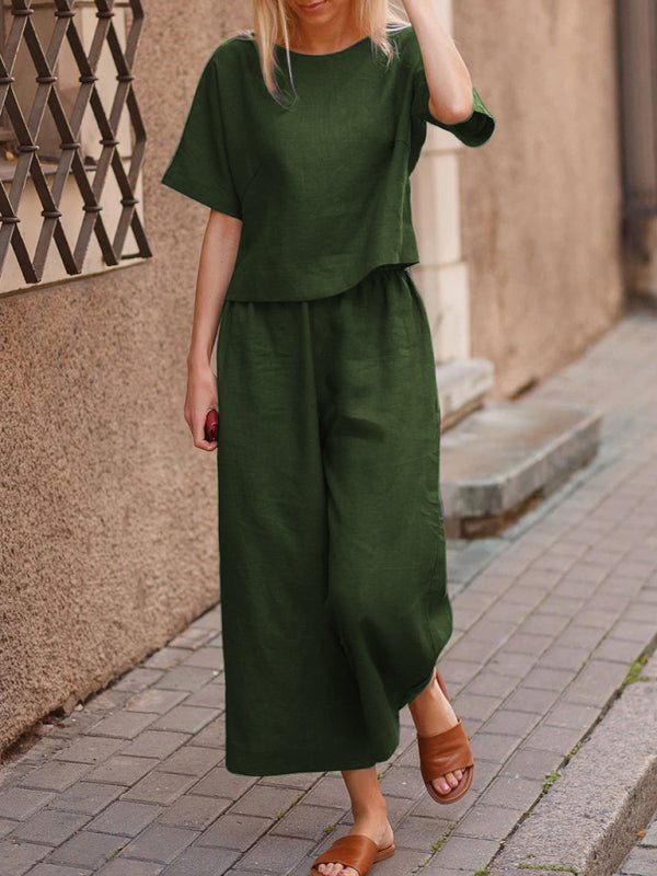 Women's Loose Fit Short Sleeve Top with Wide Leg Pants Set - Wazzi's Wear