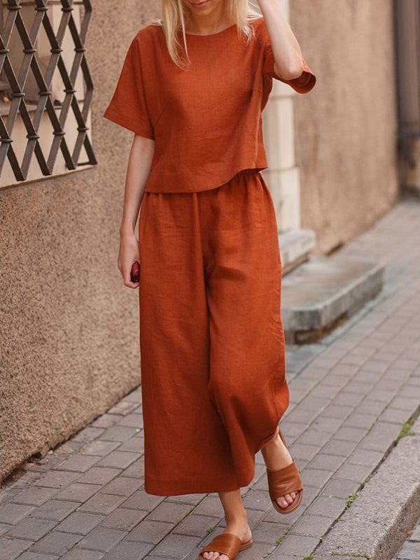 Women's Loose Fit Short Sleeve Top with Wide Leg Pants Set - Wazzi's Wear