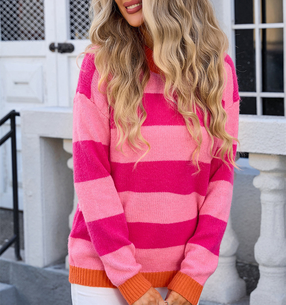 Women's Crew Neck Long Sleeve Striped Sweater