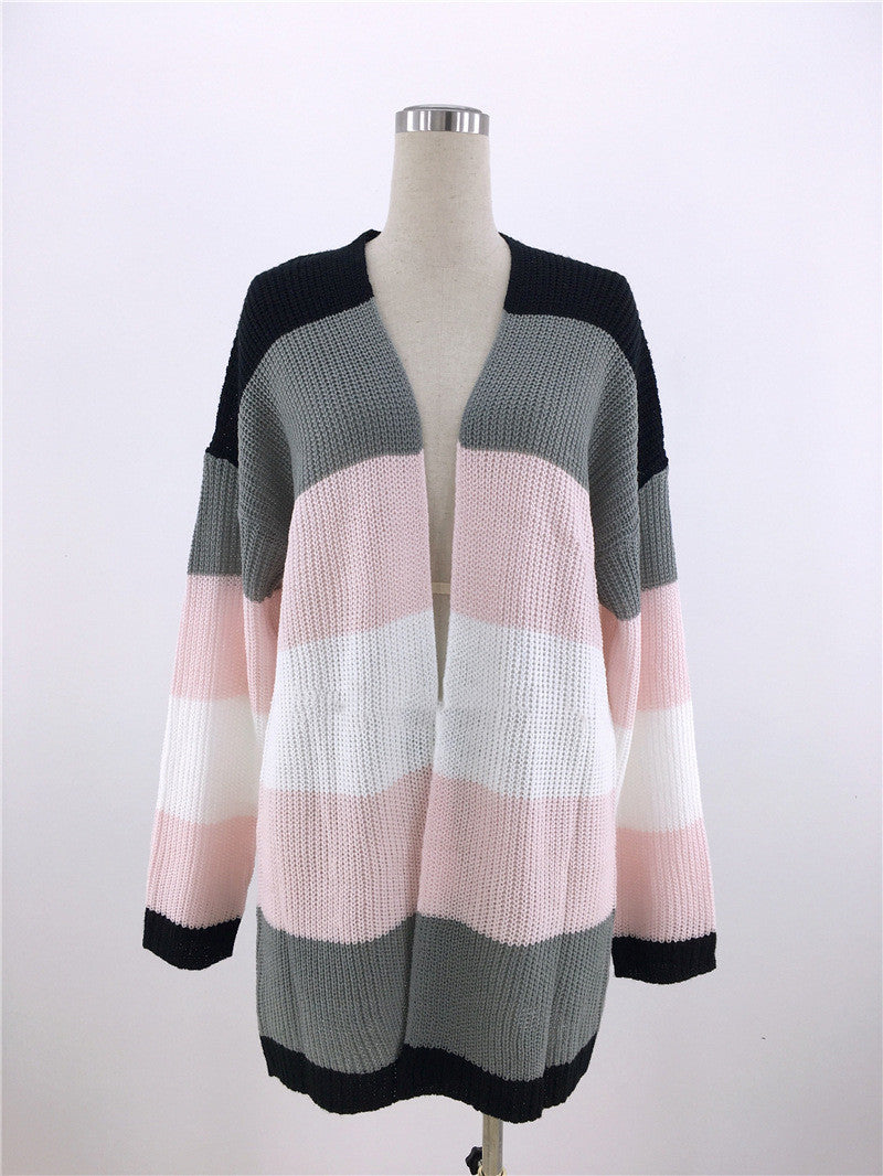 Mid-length Knitted Cardigan Loose Striped Rainbow Sweater