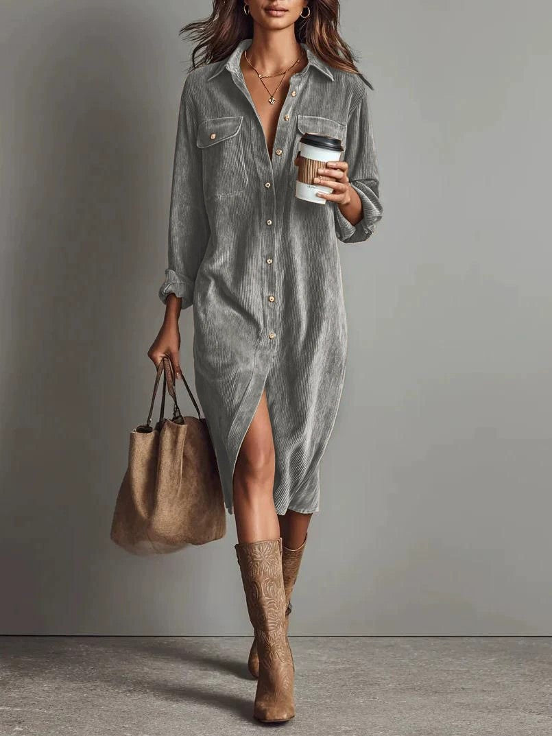 Turn-Down Collar Buttons Chic Casual Dress, Women Spring Autumn Solid Simple Party Dress, Long Sleeve Holiday Ladies Dress